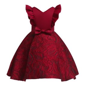 Kid Girl Christmas V Neck Flutter-sleeve Textured Bowknot Design Princess Party Red Dress
